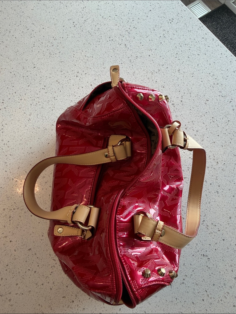 Patent Hot Pink Shoulder Bag with Tan Handles - Picture 5 of 10